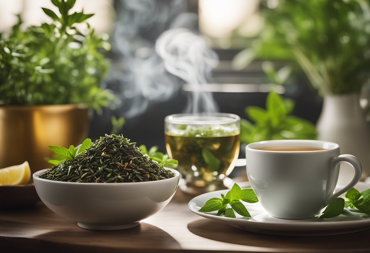 A steaming cup of detox tea sits on a table, surrounded by fresh herbs and a calming atmosphere