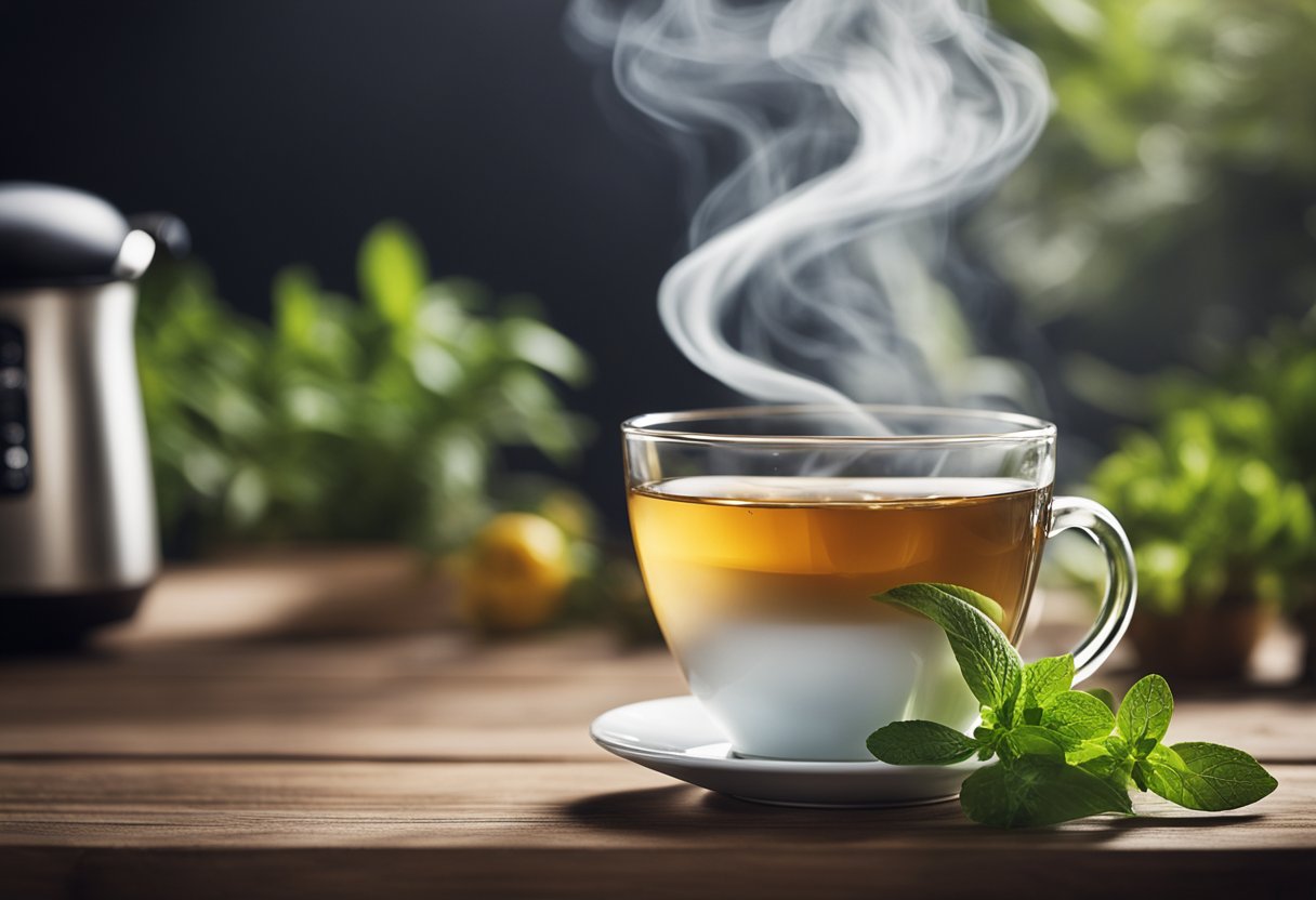 A steaming cup of detox tea sits on a wooden table, surrounded by fresh herbs and a calming atmosphere