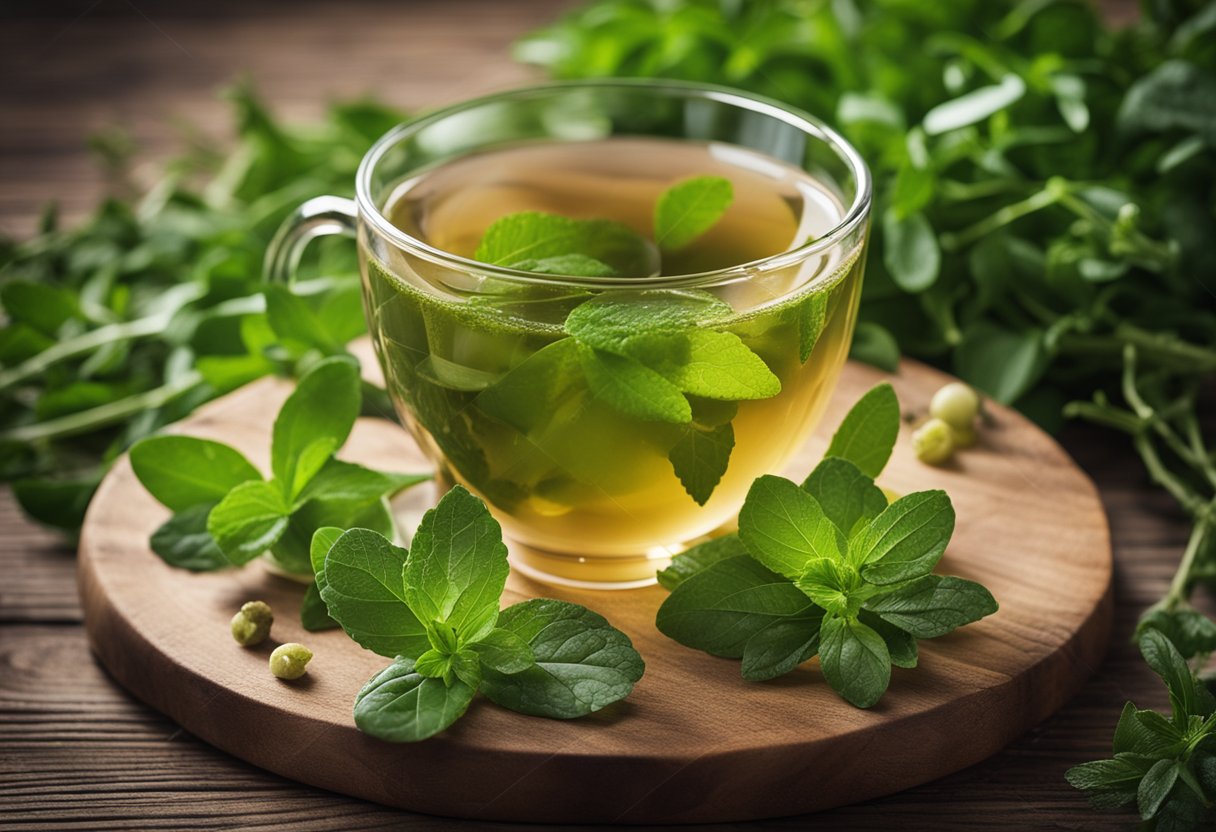 A steaming cup of detox cleanse tea surrounded by fresh herbs and fruits on a wooden table