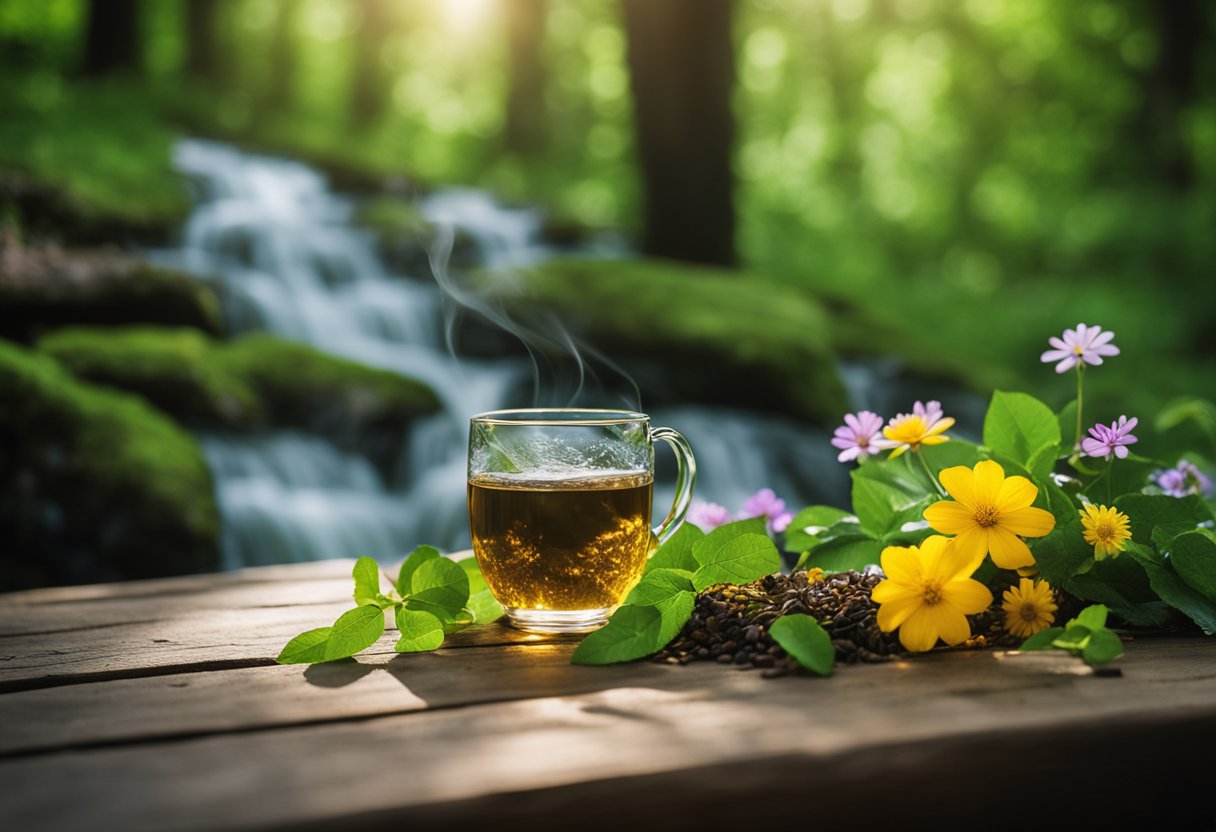 A serene forest with a bubbling stream, surrounded by vibrant green foliage and colorful flowers. A steaming cup of detox cleanse tea sits on a rustic wooden table, exuding a sense of tranquility and rejuvenation