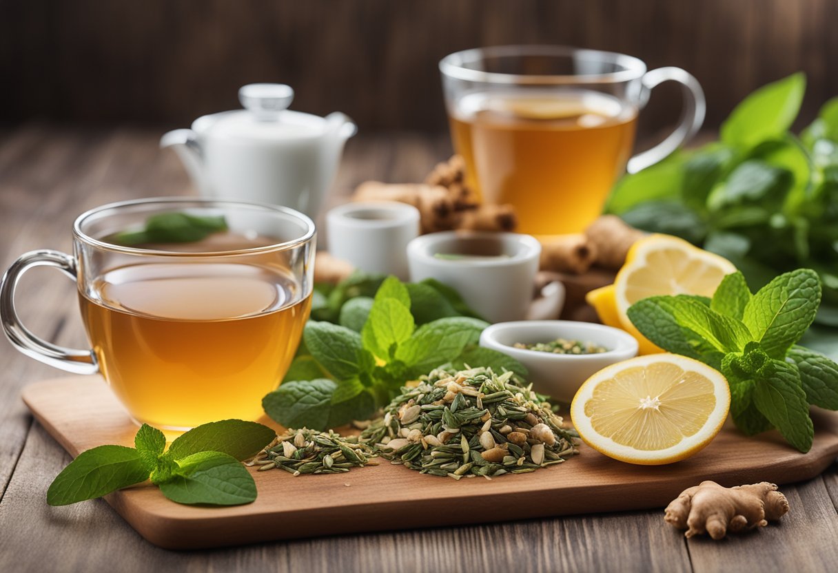 A table set with various herbal tea bags and a steaming cup, surrounded by fresh ingredients like ginger, lemon, and mint