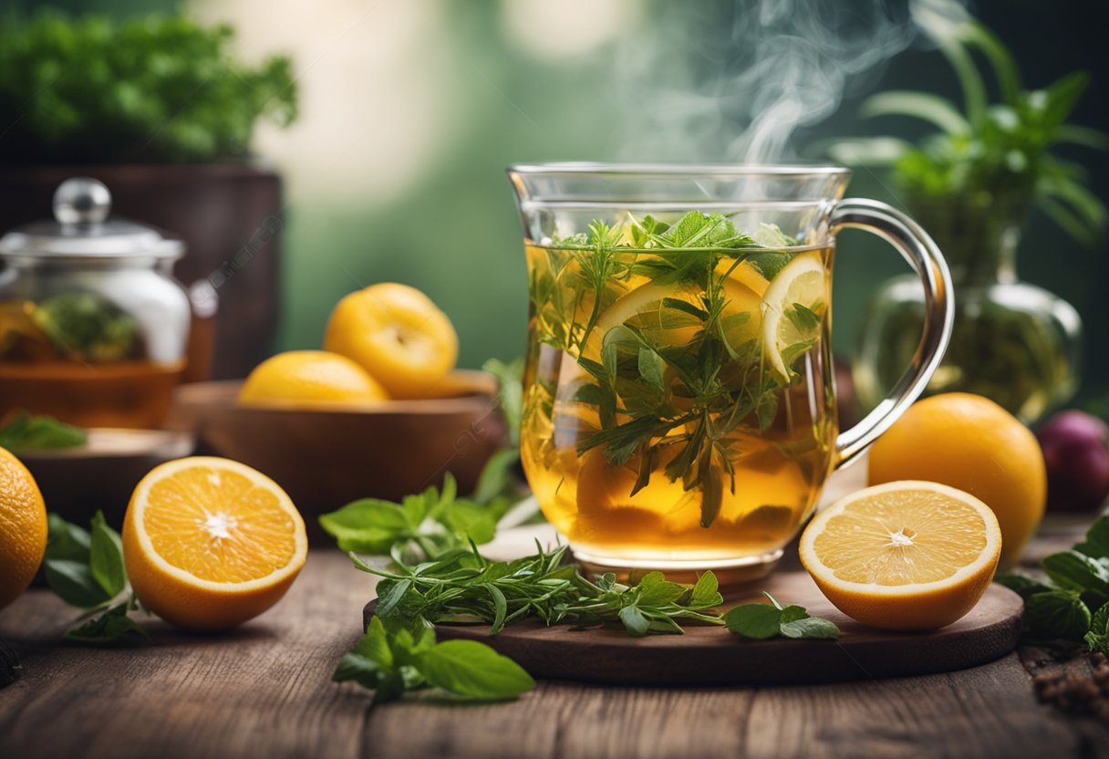 A steaming cup of detox tea surrounded by fresh herbs and fruits, with a measuring tape wrapped around it