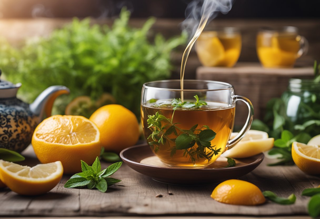 A steaming cup of detox tea sits on a wooden table, surrounded by fresh herbs and fruits. The tea is being poured from a decorative teapot into a delicate, floral-patterned teacup