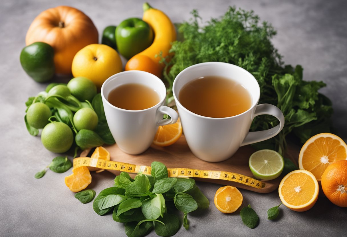 A steaming cup of detox tea surrounded by fresh fruits and vegetables, with a tape measure and scale in the background