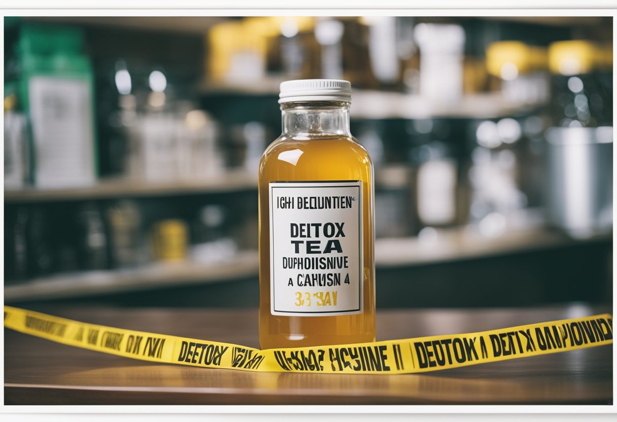 A bottle of detox tea surrounded by warning signs and caution tape