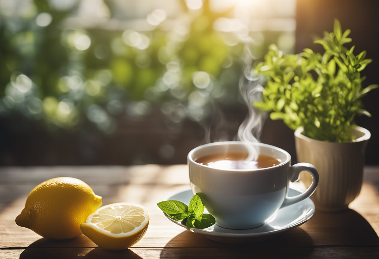 A steaming cup of morning detox tea sits on a wooden table, surrounded by fresh herbs and a slice of lemon. Sunlight streams in through a nearby window, casting a warm glow over the scene