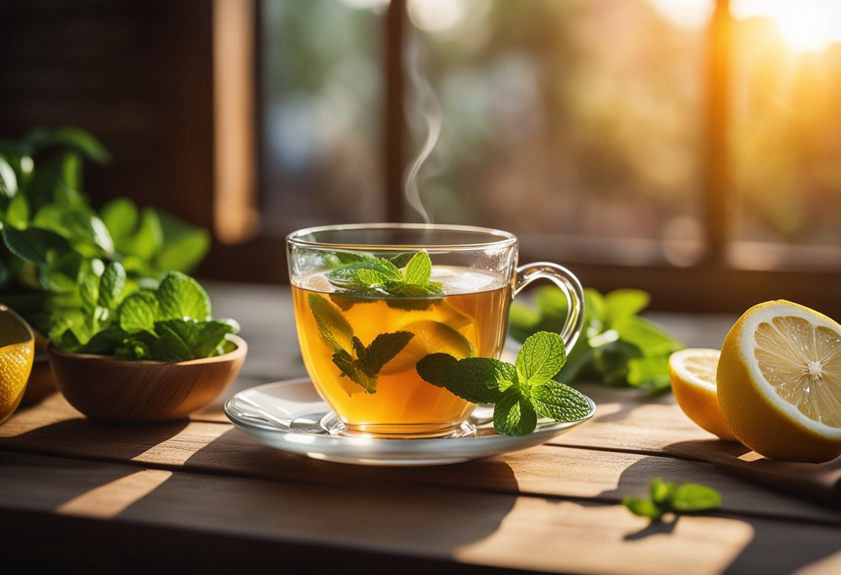 A steaming cup of morning detox tea sits on a wooden table, surrounded by fresh ingredients like ginger, lemon, and mint leaves. Sunrise filters through a window, casting a warm glow on the scene