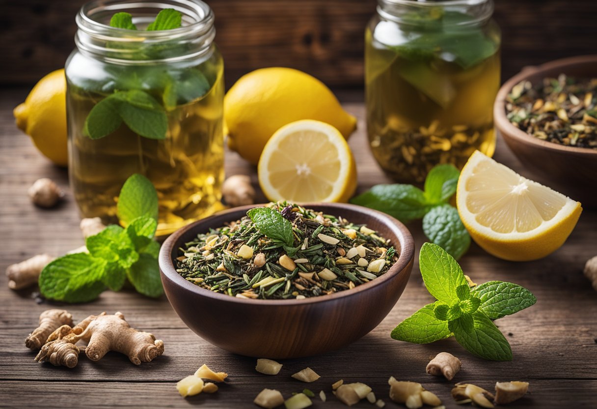 A variety of detox teas and herbal blends arranged on a wooden table with fresh ingredients like ginger, lemon, and mint