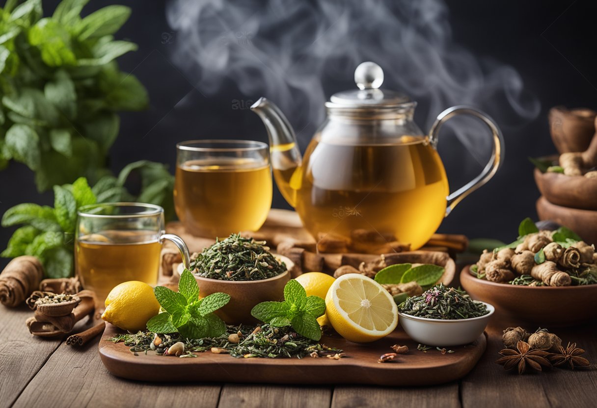 A table set with various herbal teas, a steaming teapot, and a collection of fresh ingredients like ginger, lemon, and mint