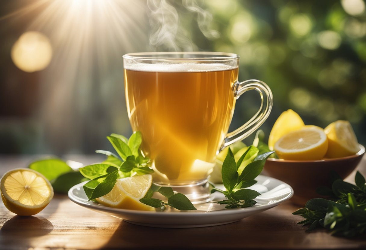 A steaming cup of morning detox tea surrounded by fresh ingredients like lemon, ginger, and herbs, with rays of sunlight streaming in through a window