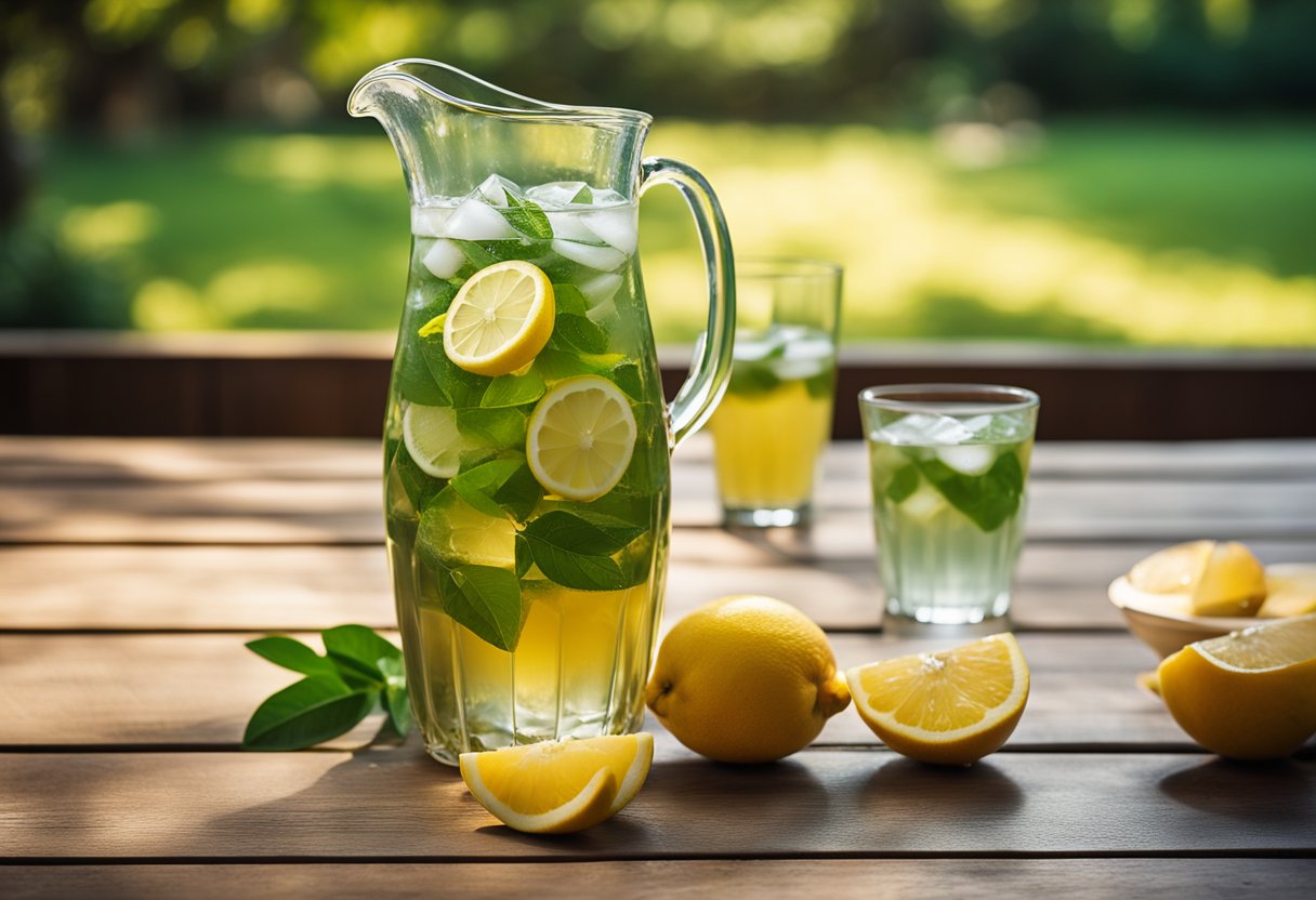 A glass pitcher of green peach tea lemonade with ice and sliced lemons on a wooden table in a garden