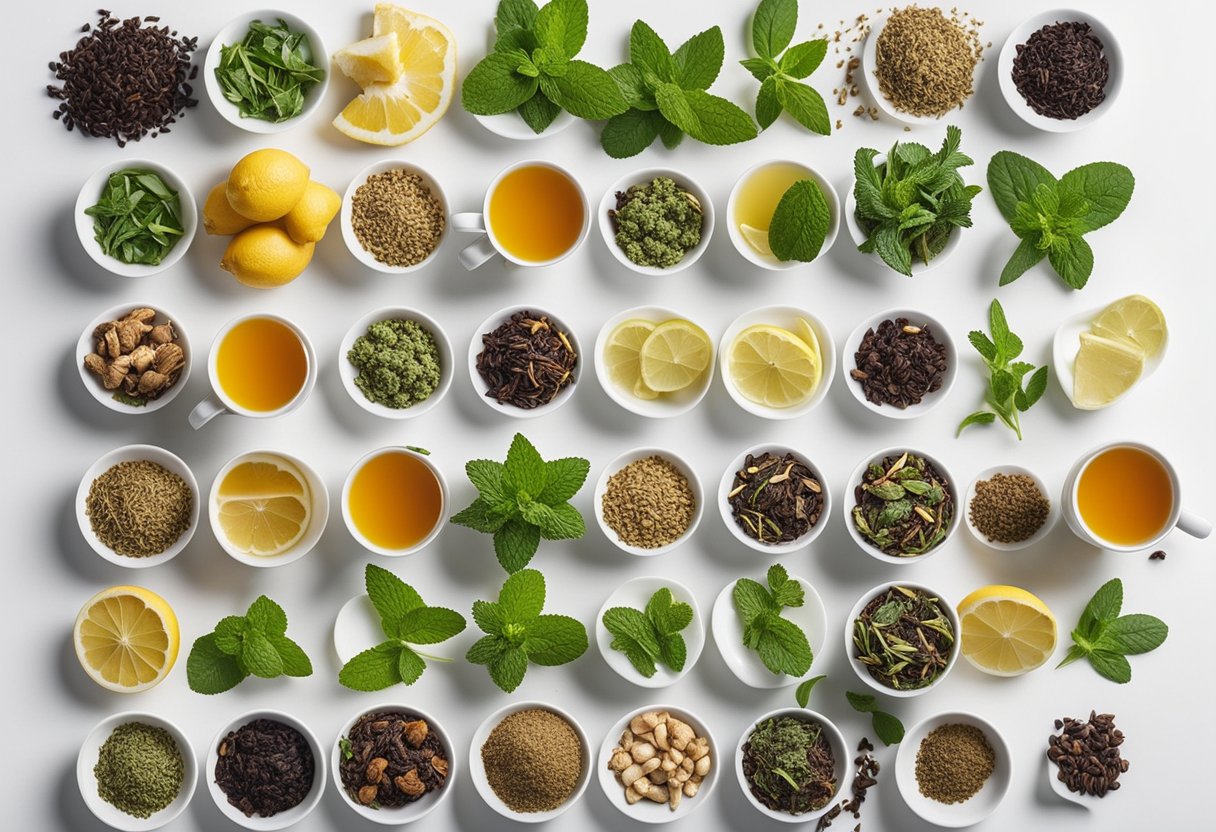 A variety of herbal teas displayed on a clean, white surface with fresh ingredients like ginger, lemon, and mint nearby