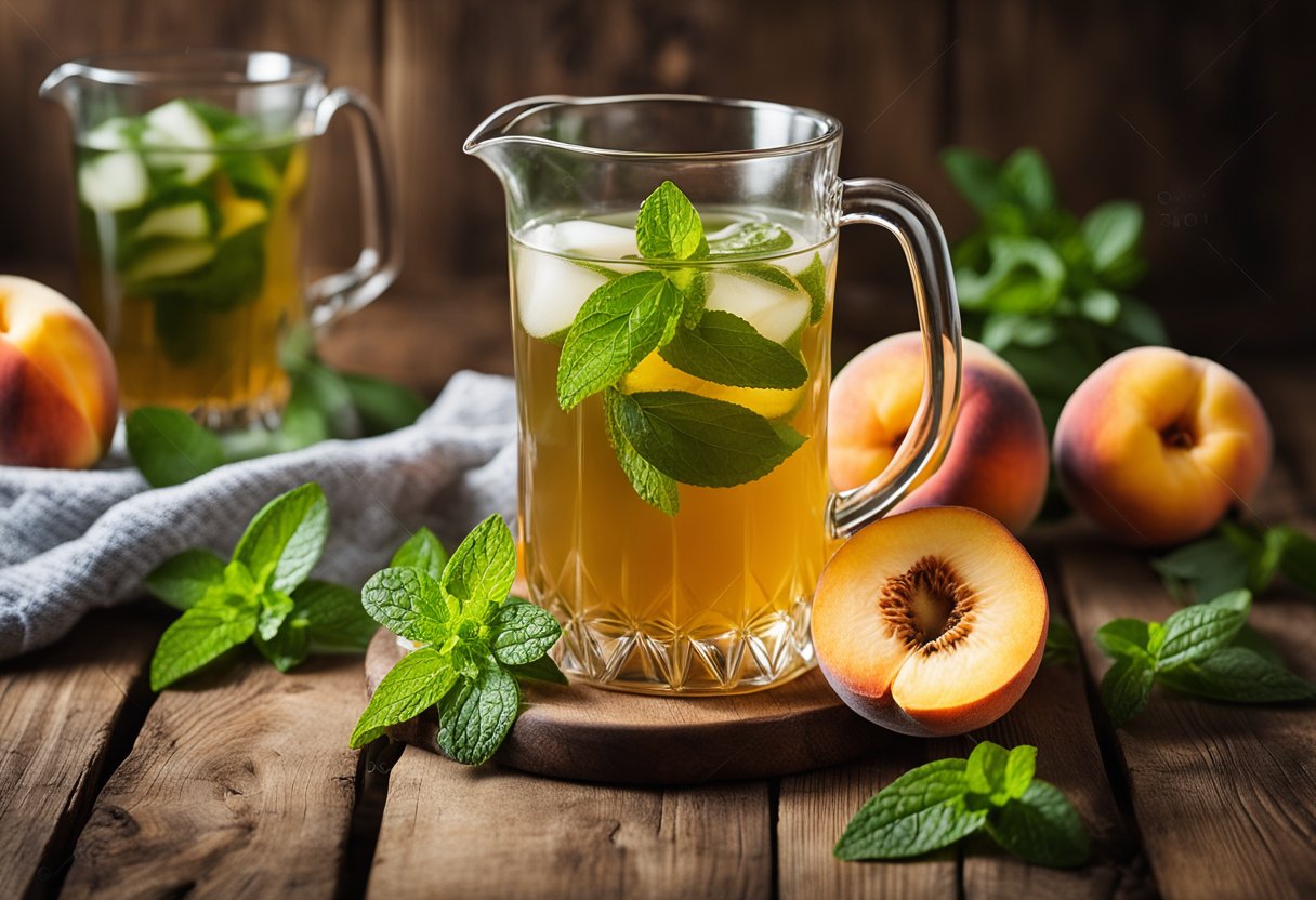 A glass pitcher filled with green peach tea lemonade sits on a rustic wooden table, surrounded by fresh peach slices and sprigs of mint