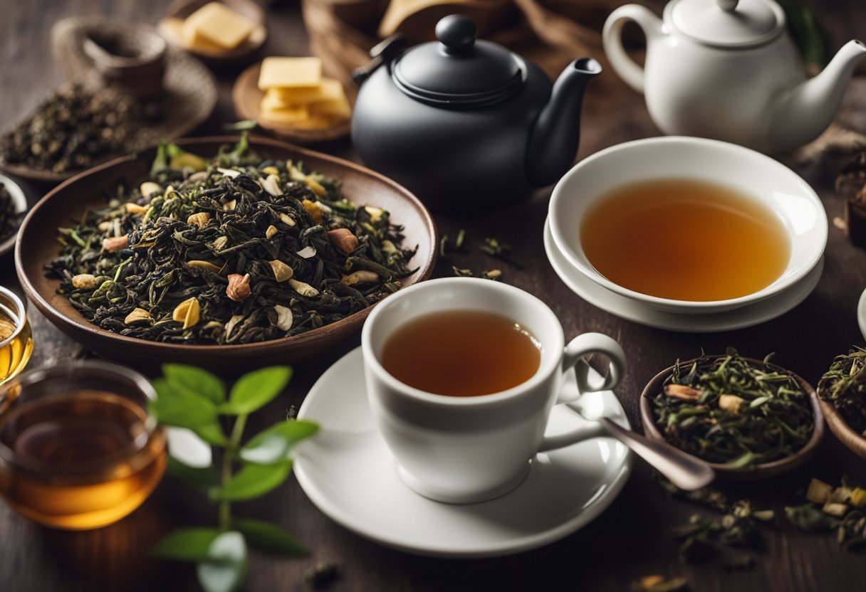 A table with an assortment of colorful tea bags and loose tea leaves, accompanied by a steaming teapot and a few empty cups