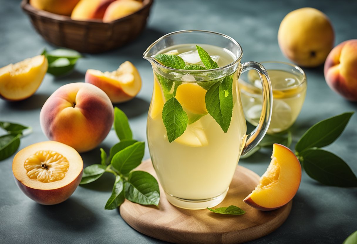 A glass pitcher filled with green peach tea lemonade surrounded by fresh sliced lemons and peach slices