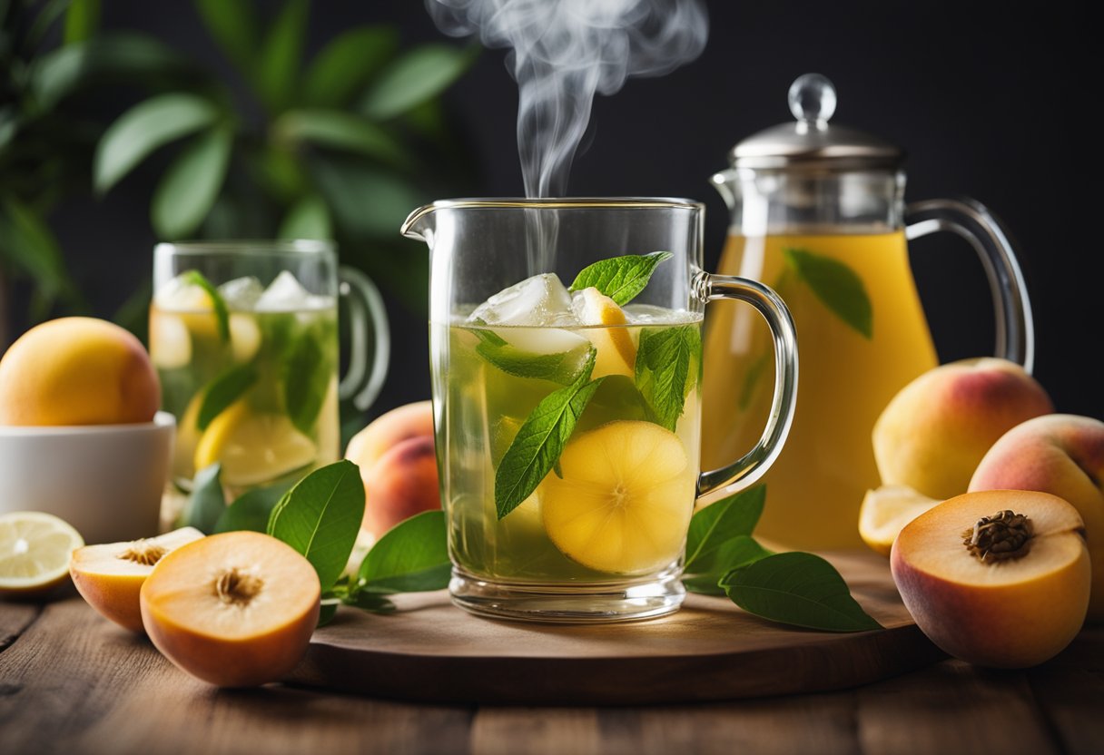 A glass pitcher filled with green peach tea lemonade, surrounded by fresh lemons and peach slices, with a steaming teapot in the background