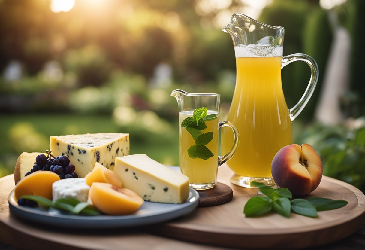 A pitcher of green peach tea lemonade sits next to a platter of assorted cheeses and fruits, creating a delightful culinary pairing