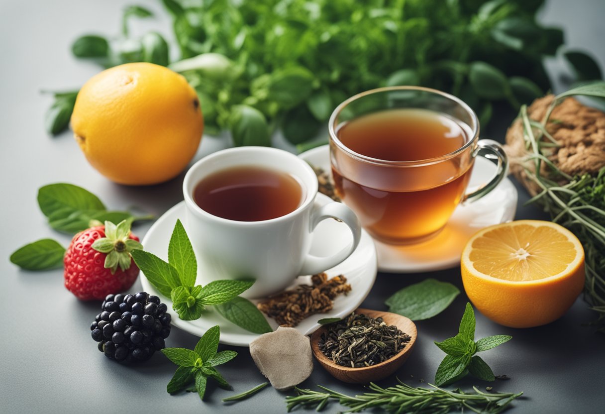 A steaming cup of tea sits next to a teatox package, surrounded by fresh herbs and fruits