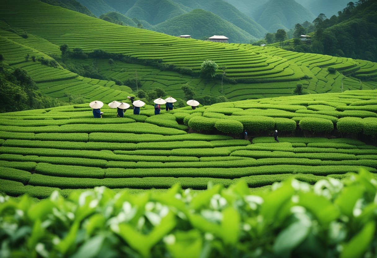 A serene tea plantation with lush green fields, workers harvesting tea leaves, and a traditional tea ceremony in a tranquil setting