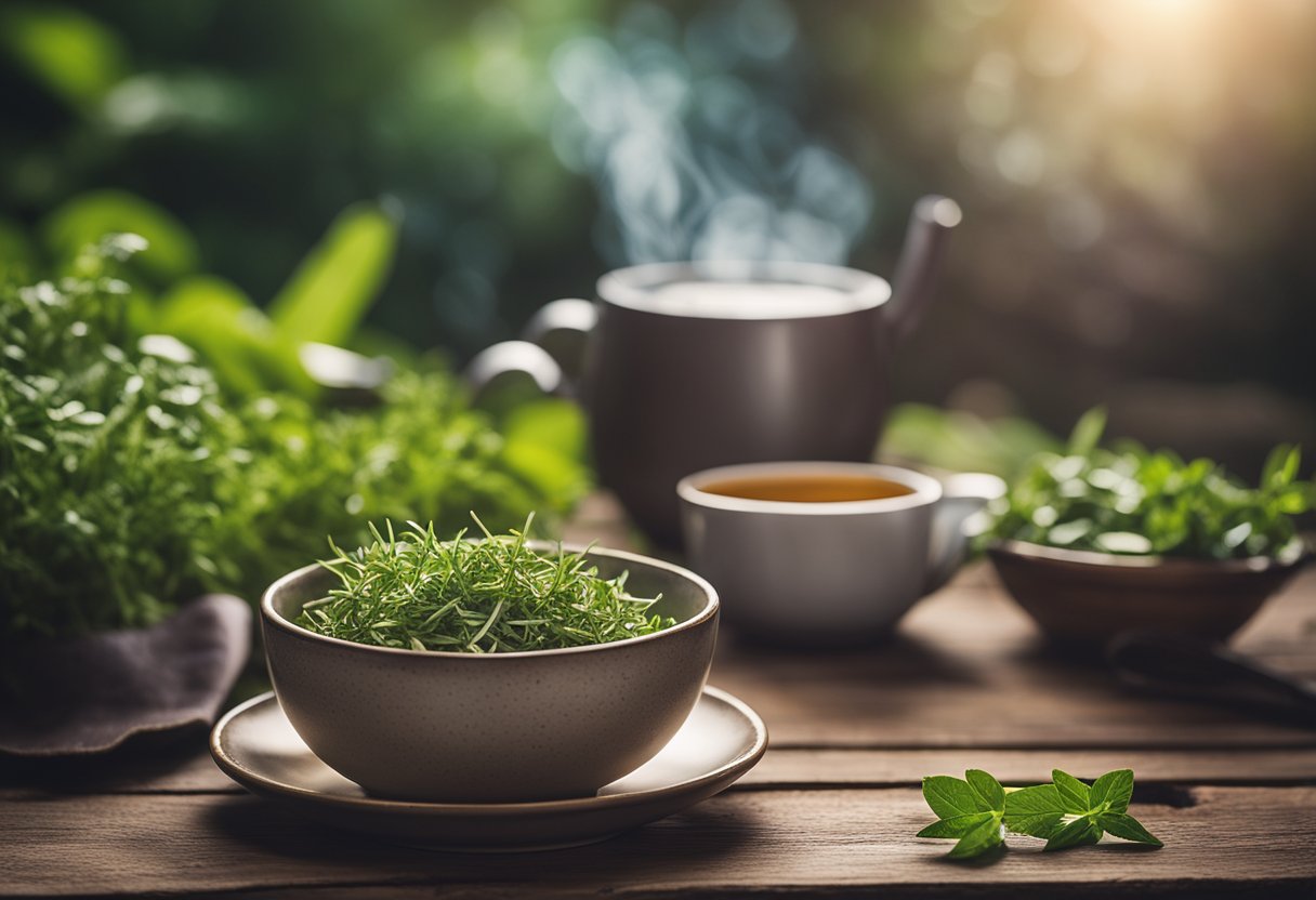 A steaming cup of Teatox tea sits on a rustic wooden table, surrounded by fresh herbs and a calming, natural backdrop