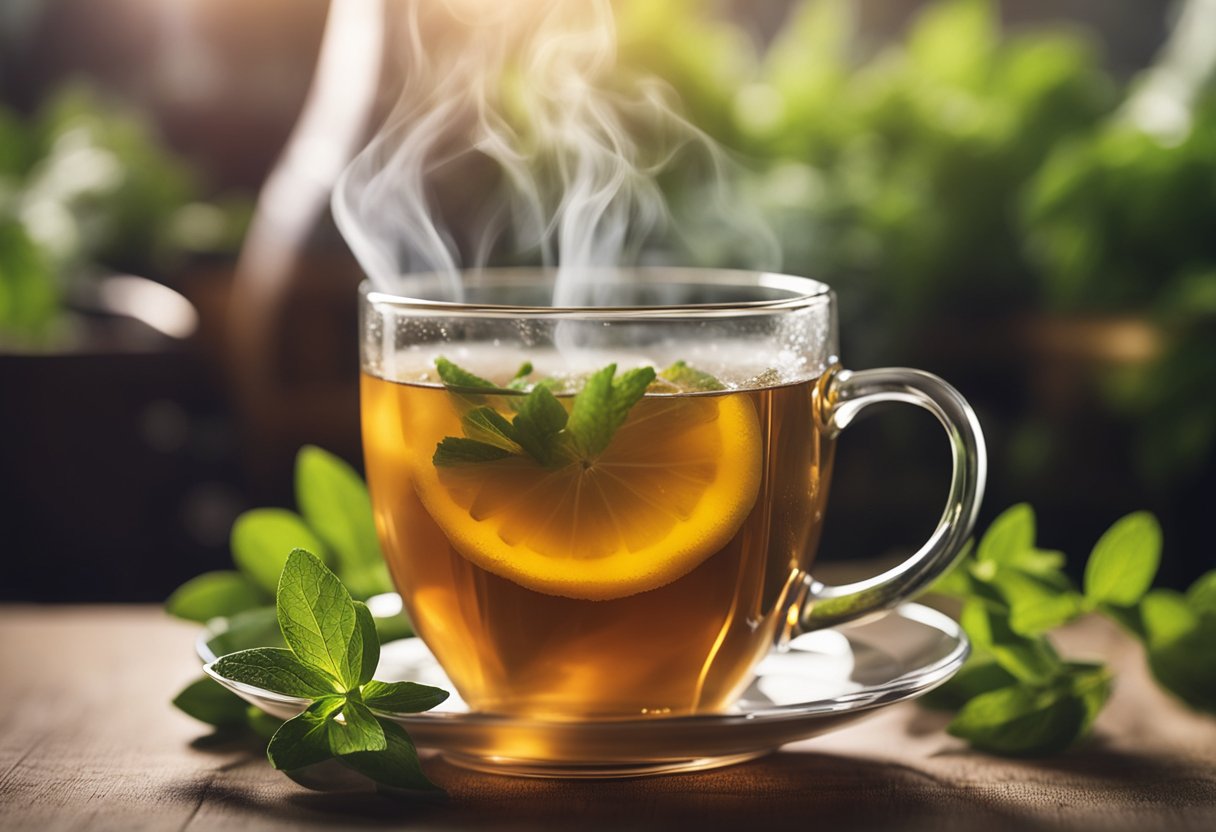 A steaming cup of tea surrounded by fresh herbs and fruits, with a gentle wisp of steam rising from the surface