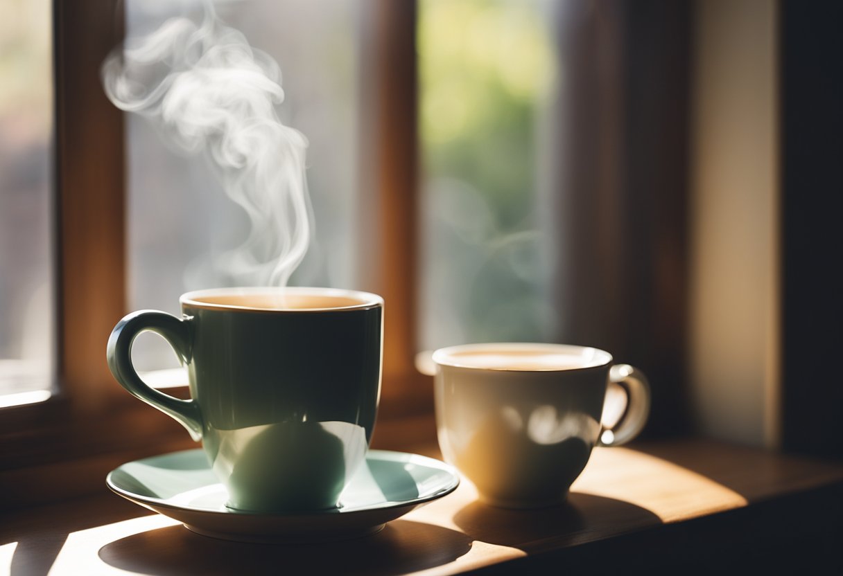 A cozy tea dox nestled in a sunlit window, surrounded by books and a steaming cup of tea