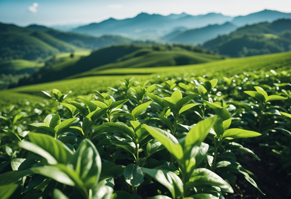 A tea plant growing in a lush field, with a backdrop of rolling hills and a clear blue sky