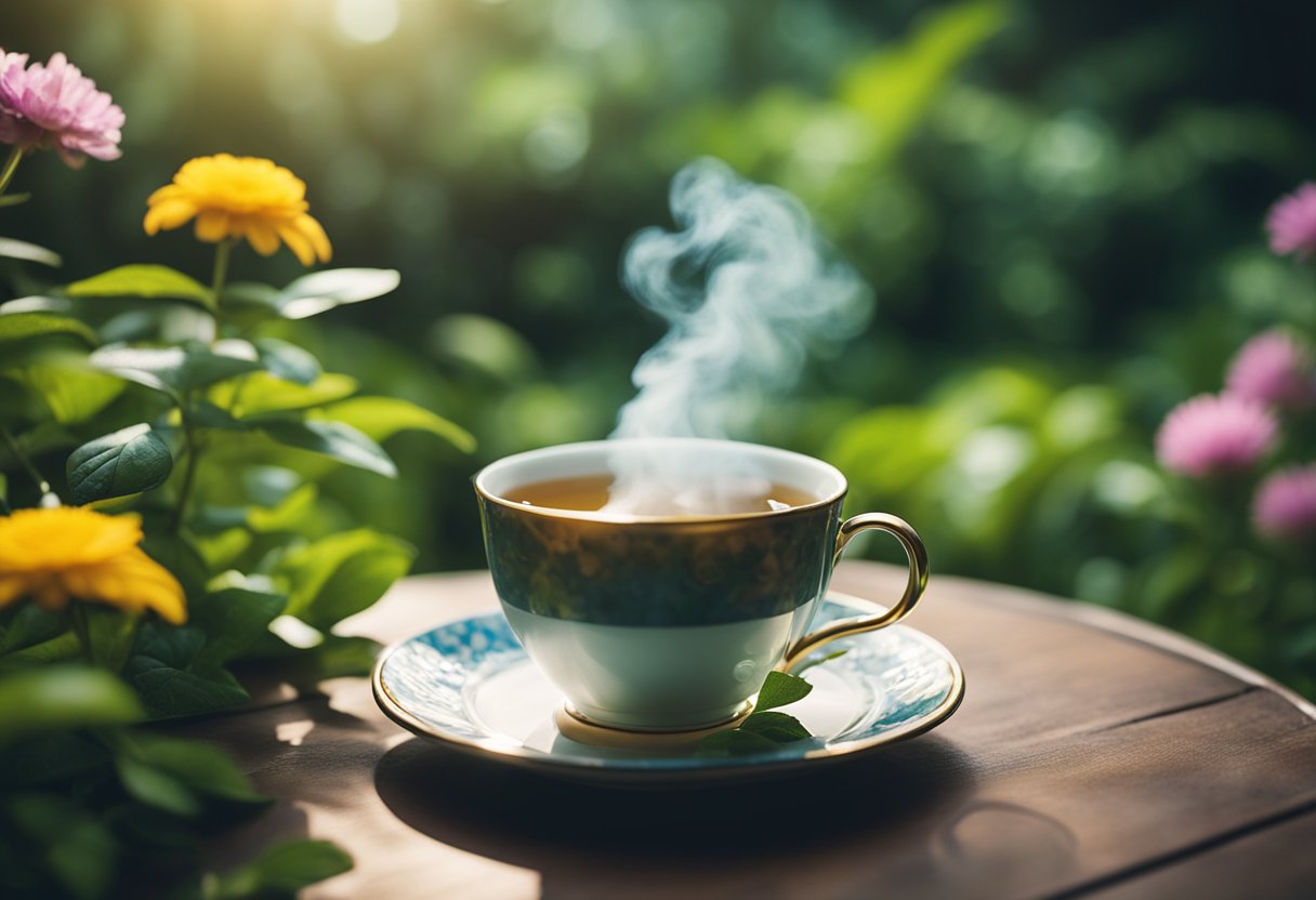 A serene garden with a steaming cup of Naturate Slim Tea surrounded by lush greenery and colorful flowers