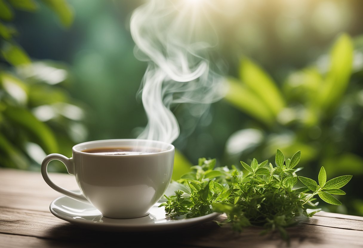 A serene natural setting with a steaming cup of Naturate Slim Tea surrounded by fresh herbs and plants