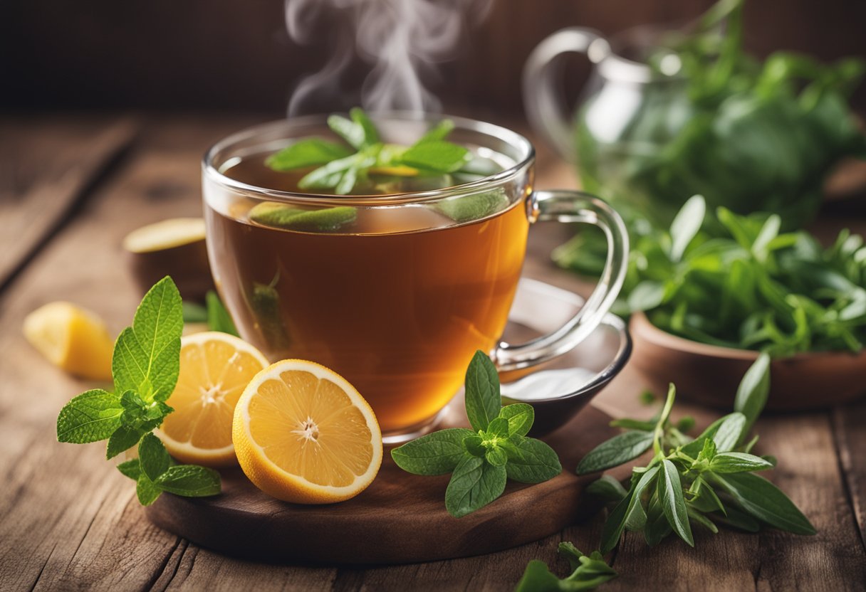 A steaming cup of detox tea on a wooden table with fresh herbs and fruit in the background