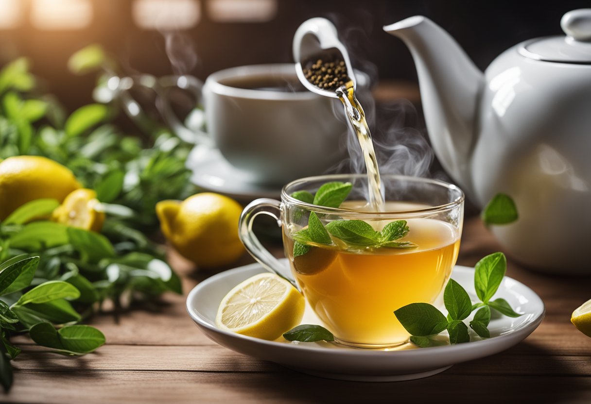 A steaming cup of detox tea sits on a wooden table, surrounded by vibrant green herbs and fresh lemons. The tea is being poured from a ceramic teapot into the cup