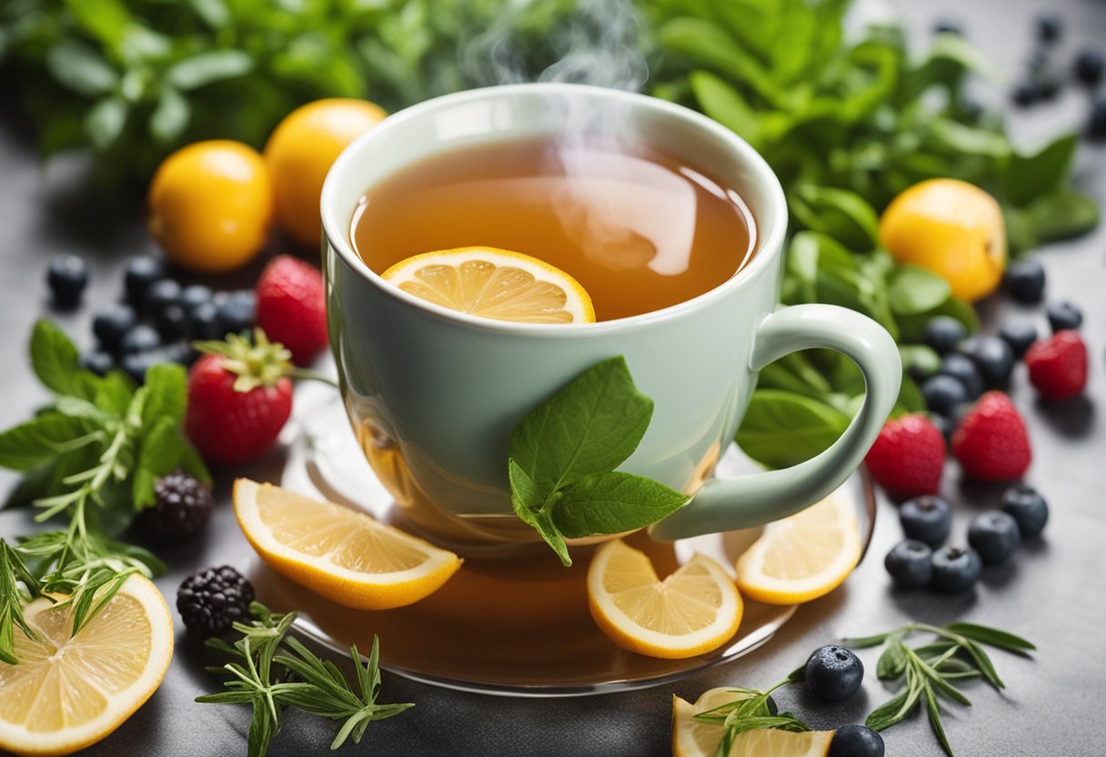 A steaming cup of detox tea surrounded by fresh herbs and fruits