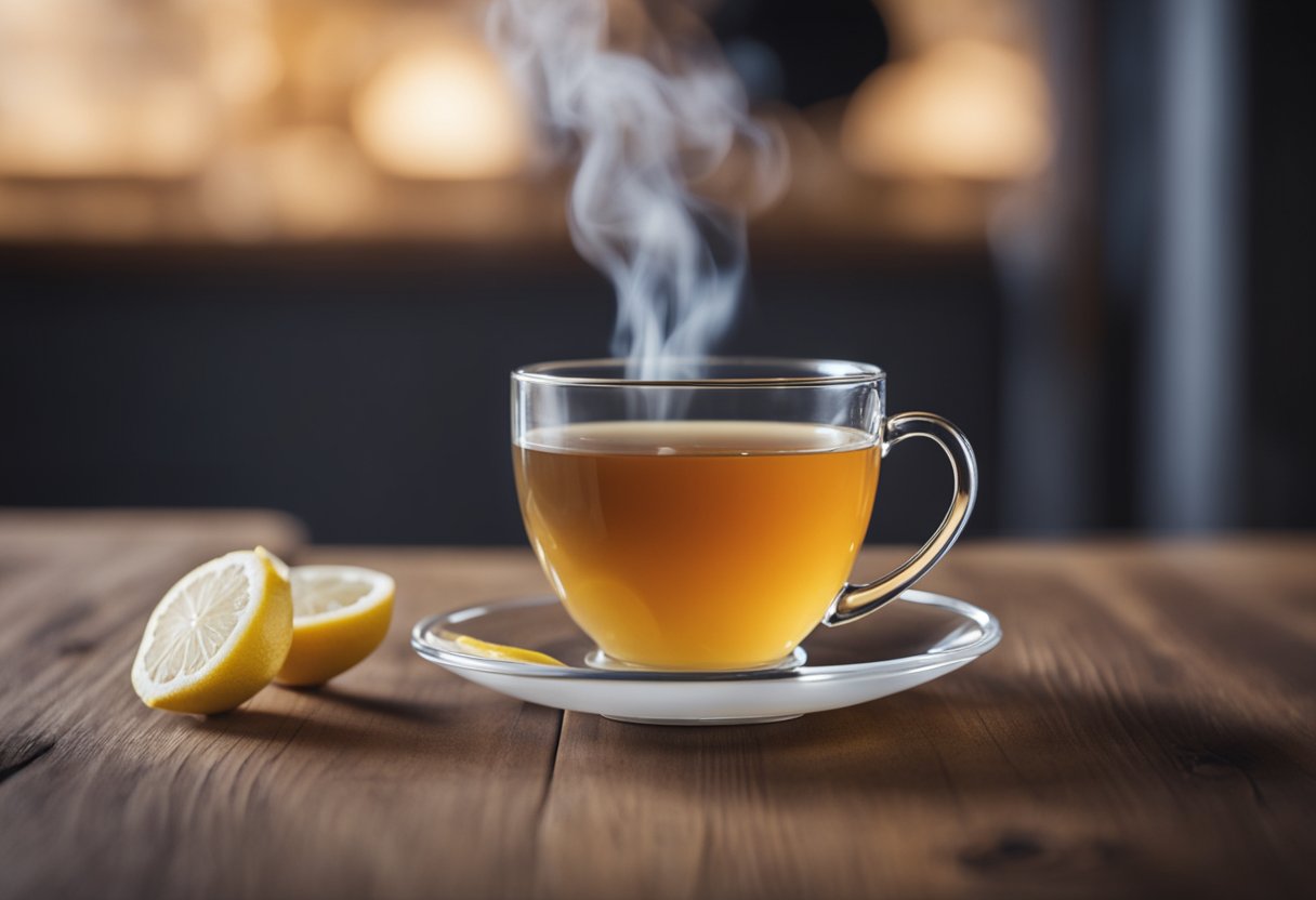 A steaming cup of detox tea sits on a wooden table with a slice of lemon beside it. The tea bag dangles from the cup's rim