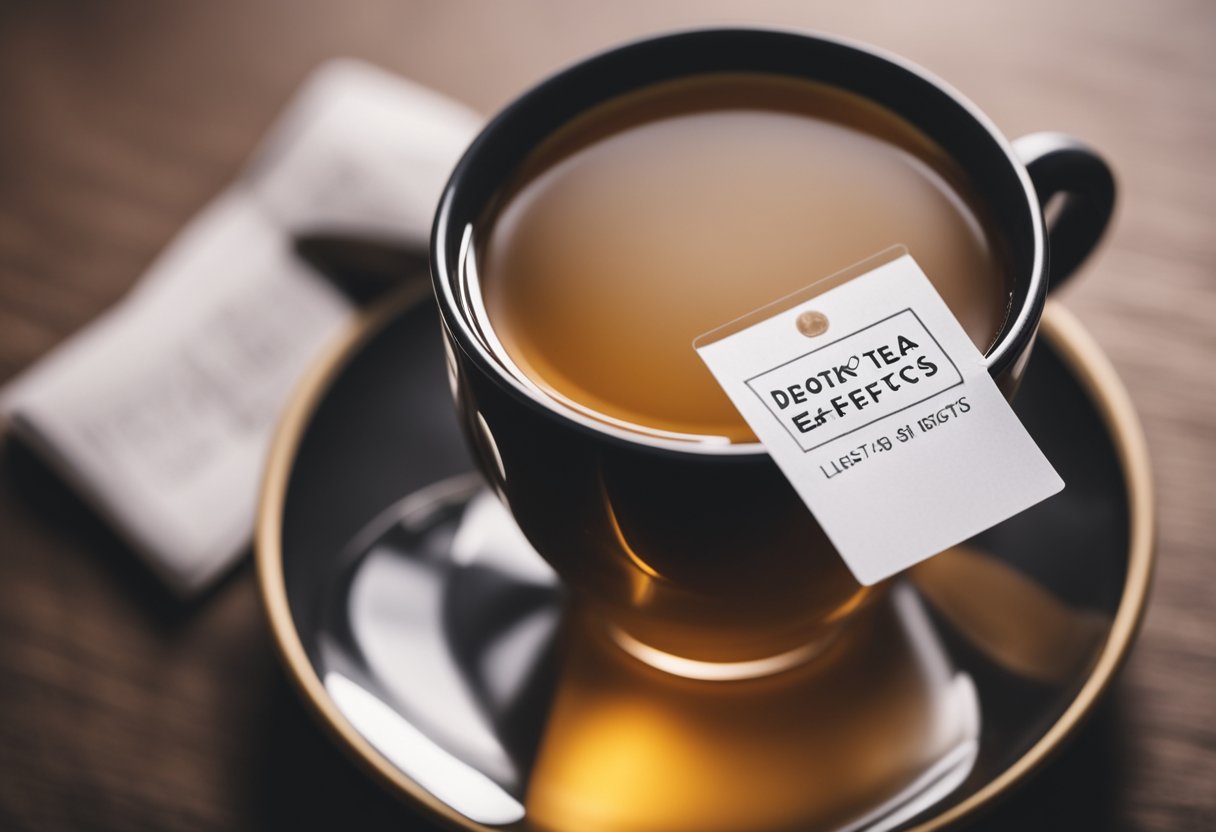 A steaming cup of detox tea with caution label and list of potential side effects