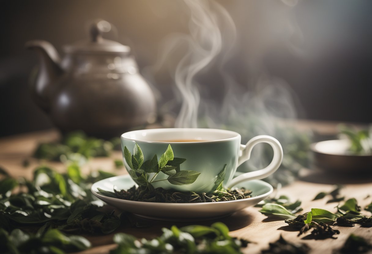 A cozy, empty teacup sits on a saucer next to a steaming teapot, surrounded by a scattering of loose tea leaves