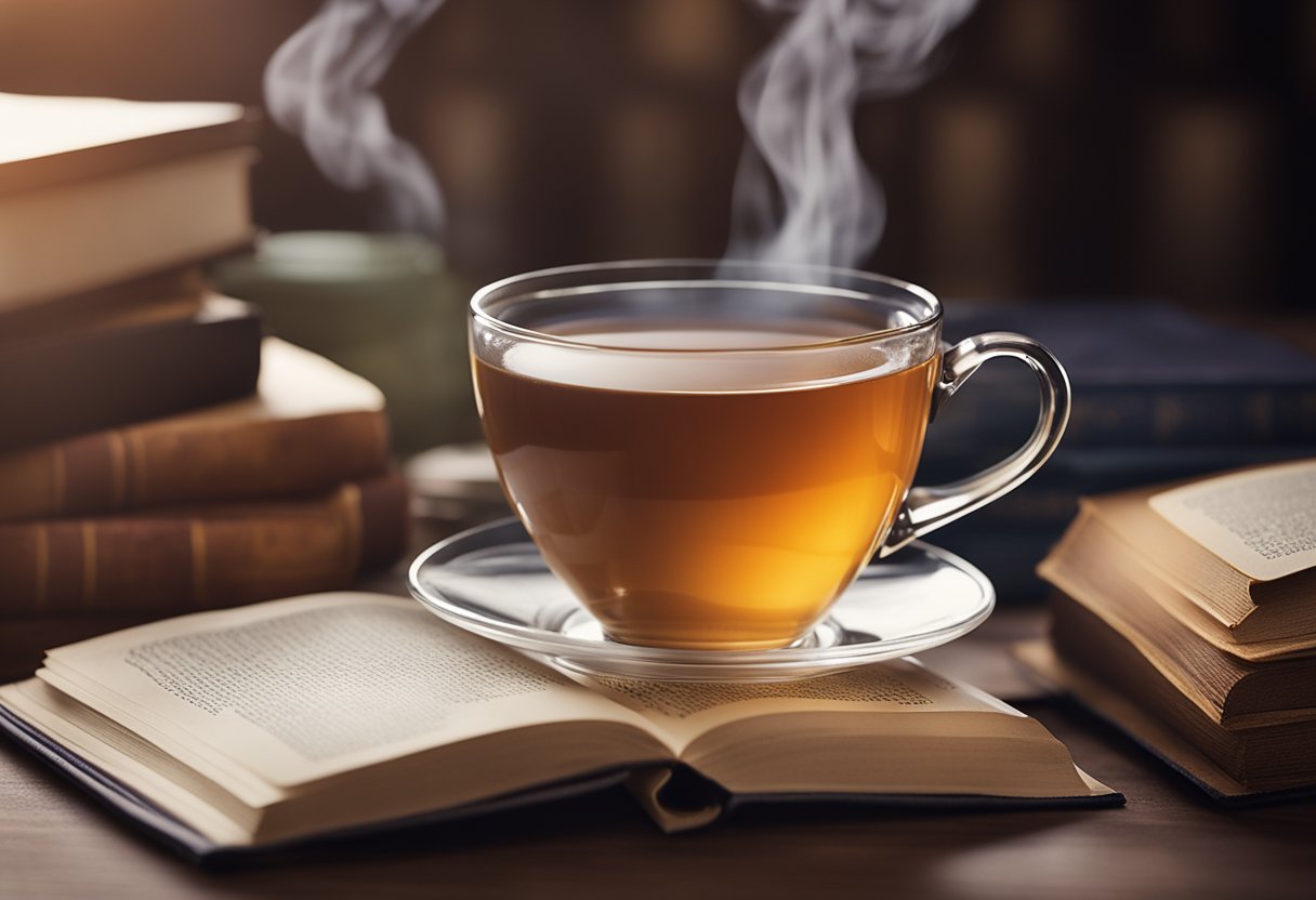 A steaming cup of tea sits untouched next to a pile of books, the word "tealess" highlighted on a page