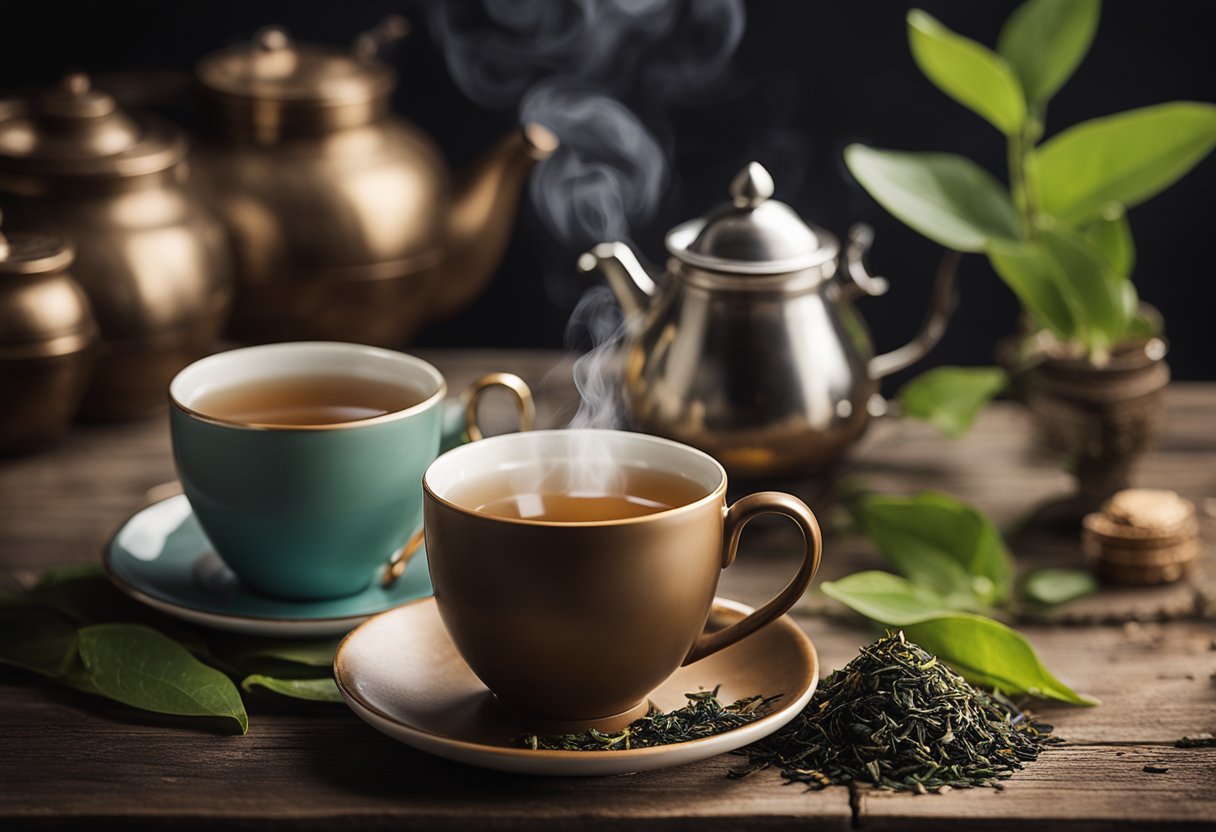 A steaming cup of Tealess Beverages tealess sits on a rustic wooden table, surrounded by delicate tea leaves and a vintage teapot