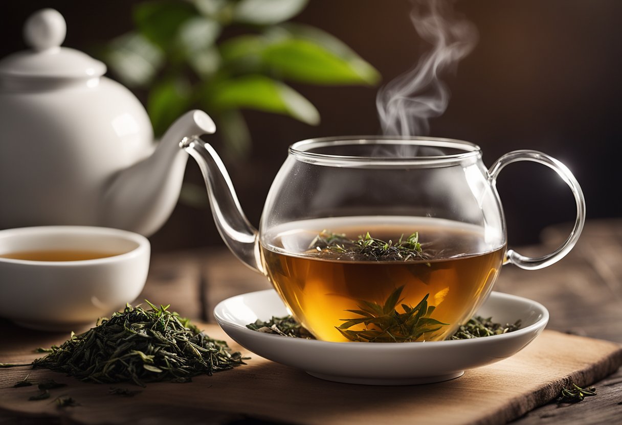 A steaming cup of detoc tea sits on a wooden table, surrounded by scattered tea leaves and a delicate porcelain teapot