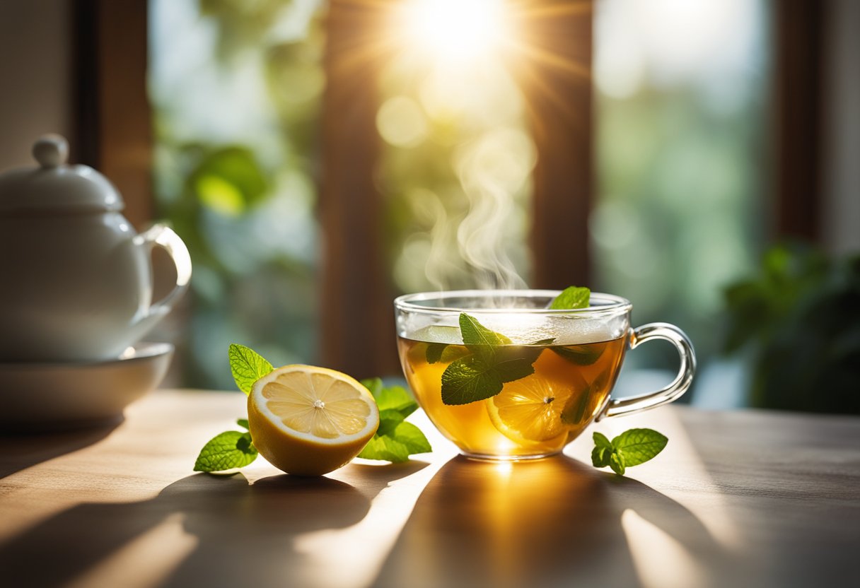 A steaming cup of Detox Tea sits on a wooden table, surrounded by fresh lemon slices and mint leaves. The sunlight filters through a nearby window, casting a warm glow over the scene