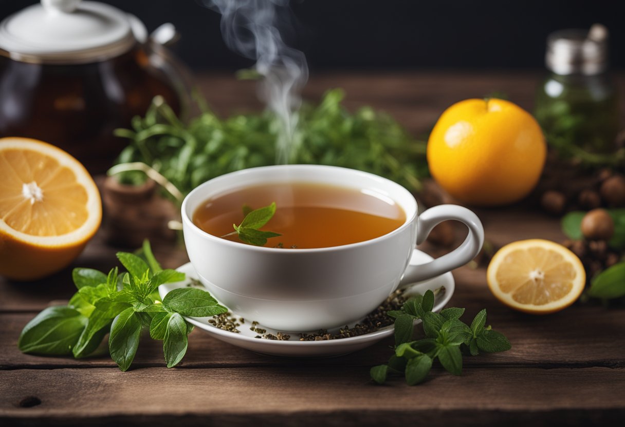 A steaming cup of detox tea surrounded by fresh herbs and fruits on a wooden table