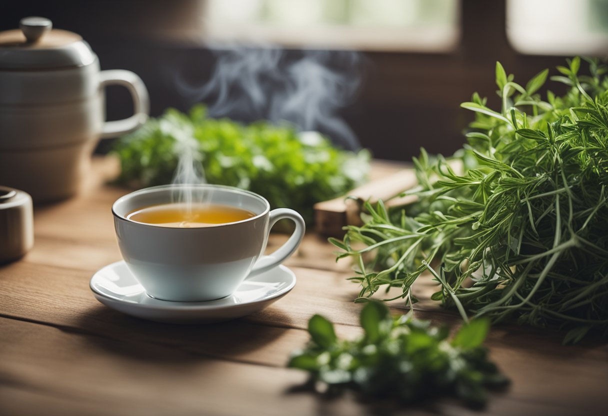 A table with a steaming cup of "Stay Fit Tea" surrounded by fresh herbs and a yoga mat in the background