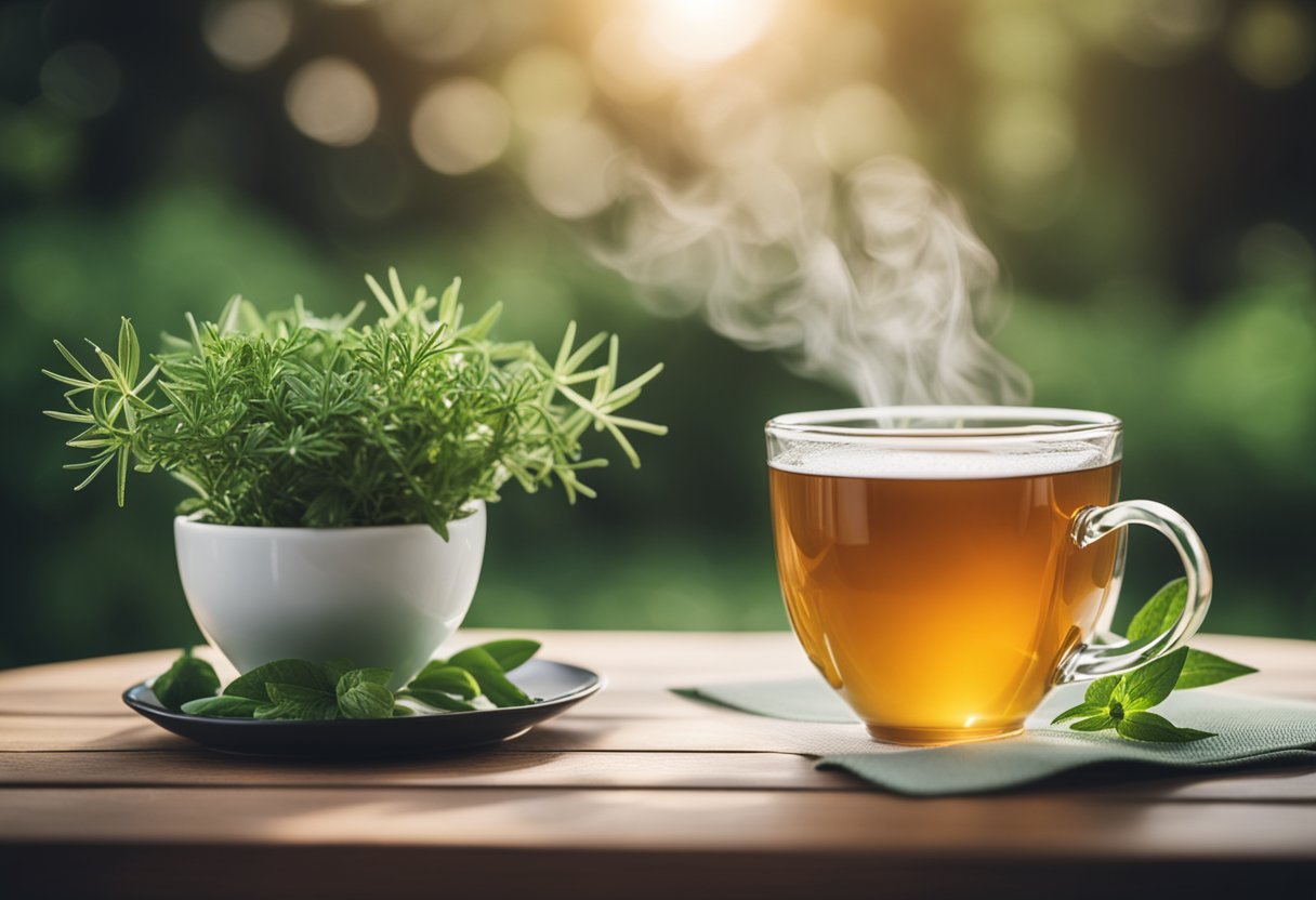 A steaming cup of Stay Fit Tea sits on a wooden table, surrounded by fresh herbs and a yoga mat in the background