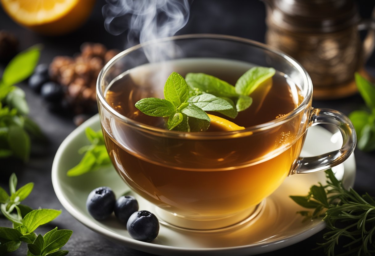 A steaming cup of Stay Fit Tea surrounded by fresh herbs and fruits, with a radiant glow emanating from the tea, evoking a sense of health and vitality