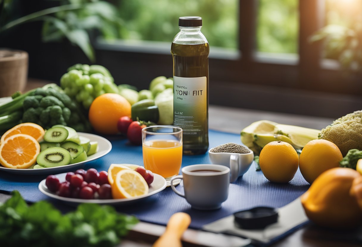 A steaming cup of Stay Fit Tea sits on a yoga mat beside a pair of running shoes and a water bottle, surrounded by fresh fruits and vegetables