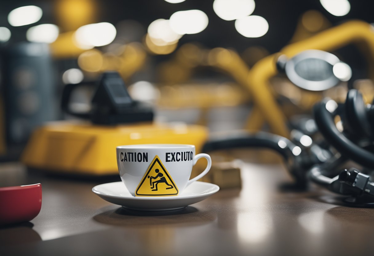 A teacup surrounded by caution signs and exercise equipment