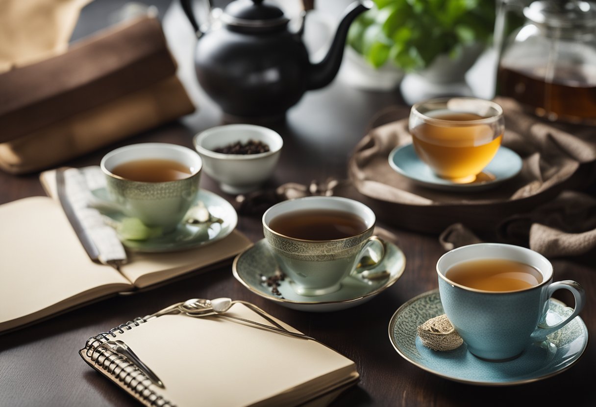 A table set with various tea packages, a kettle, and a notebook with positive reviews