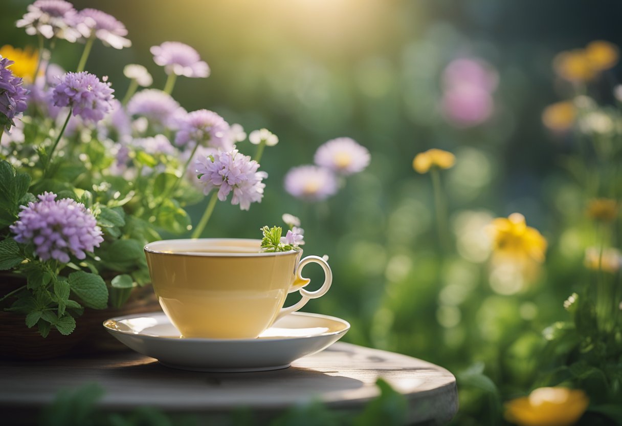 A serene garden with a teacup and saucer on a table, surrounded by fresh herbs and flowers. A gentle breeze rustles the leaves, creating a peaceful atmosphere