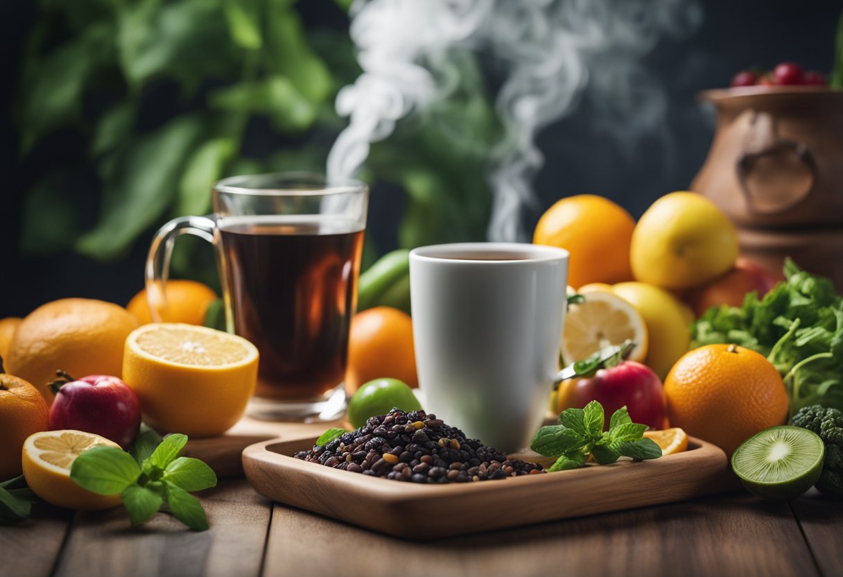 A steaming cup of tea surrounded by fresh fruits and vegetables, with a scale nearby to symbolize weight loss cleanse