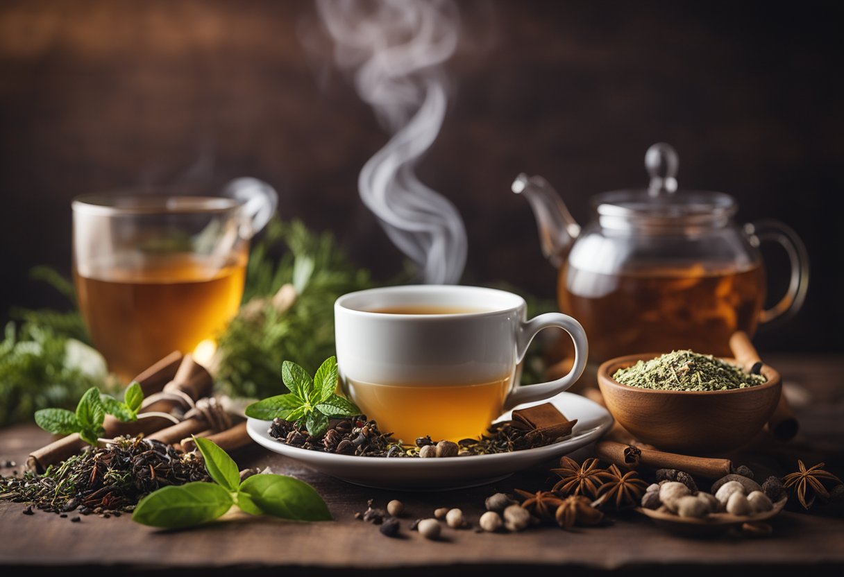 A steaming cup of tea surrounded by various herbs and spices, with a tape measure wrapped around it, symbolizing the benefits of tea for weight loss and cleansing