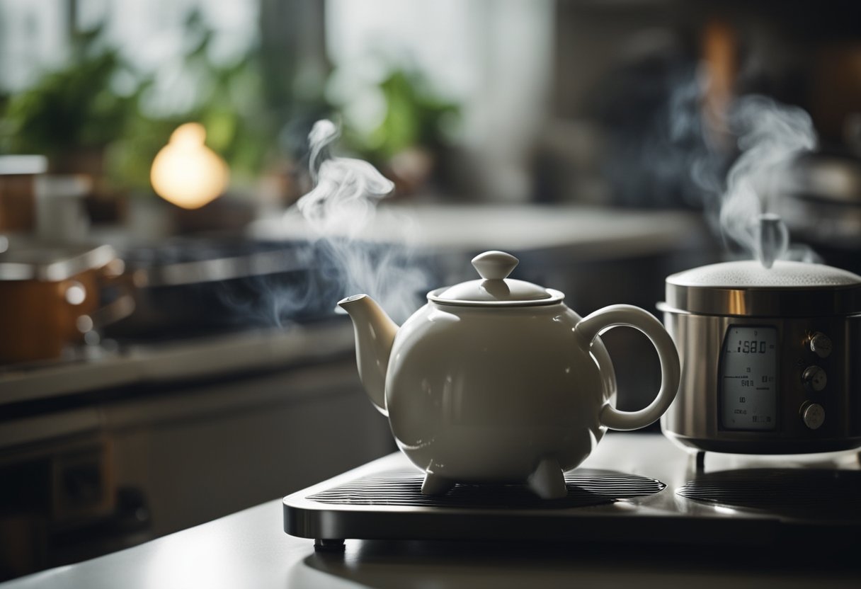 A teapot steams on a stove. A tea bag infuses in hot water. A scale measures ingredients. A timer ticks